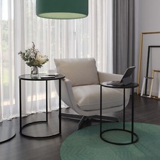 2 Piece Round Nesting Side Tables Set Tempered Glass Top Metal Leg Coffee Tables