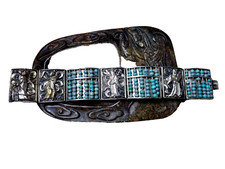 Antique Chinese Turquoise Bracelet Abacus Imortals Silver Repousse One of a Kind