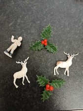 5 Vintage Plastic Xmas Cake Decoration 2 Deer 1boy Throwing Snow Balls & 2 holly