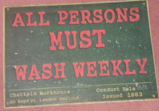REPRO METAL SIGN Bathroom Tin Barbers Vintage Style WORKHOUSE WASH WEEKLY RULES