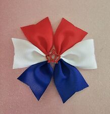 Handmade Red White Blue UK Flag Ribbon Hair Bow Clip with Red Glitter Crown 