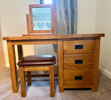 Quality Solid Oak Desk Dressing Table with 3 Side Drawer and Mirror and Stool
