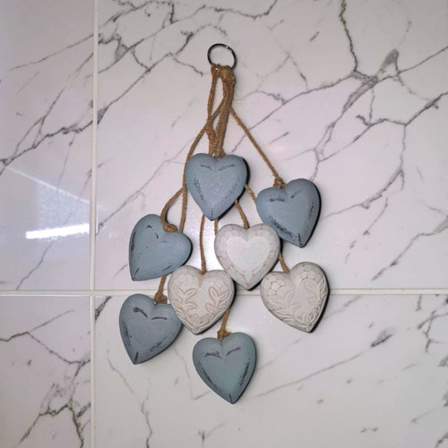 Blue white wooden heart wall - blue,