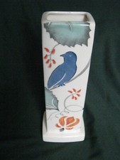 Past Times Pottery Hand Painted Rectangular Blue Bird Vase 23.5cm Tall #2