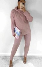 Womens Ladies Chunky Knitted High Roll Neck Top Bottom Lounge Wear Tracksuit Set