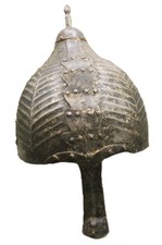 SCARCE ANCIENT NEAR EASTERN SILVERED AND GILDED WARRIORS HELMET W/NOSE GUARD