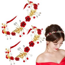 2 Pcs Red Flower Crown Headband Rhinestone Pearl Tiara Headpiece for Women Girls