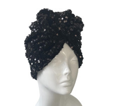 Black Sequin Velvet Turban Hat Headwrap Comfy Luxury Velvet Winter 1940s Chemo