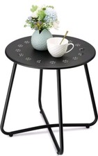 Black Round Weather Resistant Steel Patio Side Table with Flower Cut Outs