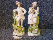 Antique Staffordshire Pottery Shepherd and Shepherdess With Garland Lambs Figure