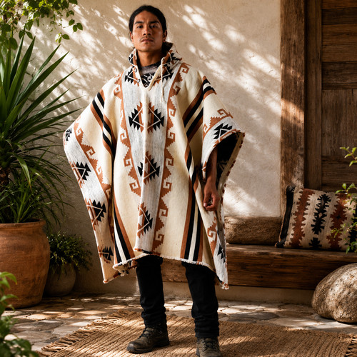 Unisex hooded wool - poncho,