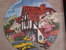 Long Stitch Tapestry English TUDOR Style Cottage Garden Scene  framed