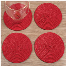 4pc Round Placemats & Coasters Handmade Red Jute Table Decor Handwoven