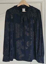 Kim & Co Foil Paisley Brazil Jersey Long Blouson Sleeve Top, Navy, Size S