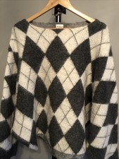Womens PRINGLE OF SCOTLAND H&M Grey Argyle Sweater Oversized Batwing Sleeve Sz S