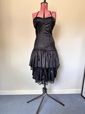 1980s Vintage Shiny Black Layers Lace RaRa Dress Goth Vampire Whimsy Sexy UK10