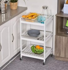 3-Tier Kitchen Trolley Wooden White Serving Cart Steel Bars Rolling 4 Wheels