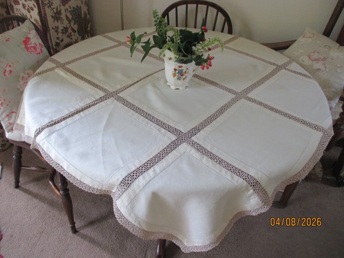 Vintage cream linen tablecloth - vintage,