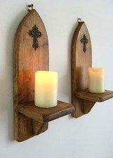 PAIR OF 30CM RECLAIMED WOOD GOTHIC ARCH RUSTIC BRONZE CROSS LED WALL SCONCES