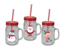 Christmas Drinking Glass Santa Jar Elf Snowman Printed with Lid & Straw 3 Pack