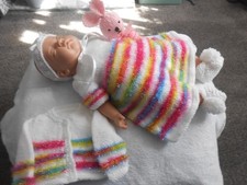 Hand knitted White multi..*Bunny* Dress set.Prem baby/reborn doll 16-18" *NEW*