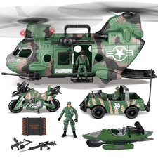 Military Transport Helicopter Toy Playset with Truck Bike Boat Army Men