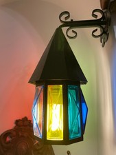 Vintage Wrought Iron Porch wall Lantern Lamp Light stained Glass French 2 kilo