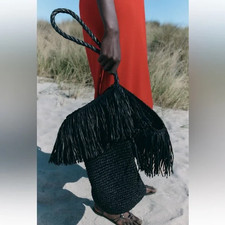 NWT ZARA BLACK FRINGE STRAW