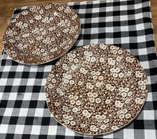 Vintage 60s Crownford Calico Brown White Floral Dinner Plates X2 Used Scalloped