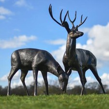 Stunning Life-Size Antique Bronze & Gold Grazing Doe & Stag Garden Sculpture Set