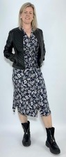 HOBBS Dress Hatty Short Slv Jersey Full Button V Neck Midi Navy&Wht (A430)RRP£99