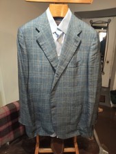 Kiton Sports Jacket Blazer UK 46 EU 56.Blue Glen Check Wool Linen and Silk