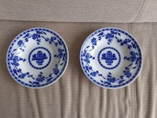 2x VINTAGE MINTON DELFT FLOW BLUE AND WHITE 23CM (9") SOUP BOWLS 1930s