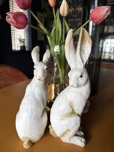 Resin white hare rabbit pair - resin,