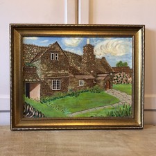 Vintage English Stone Cottage Village Naive Oil Painting