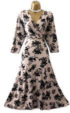 COTTON TRADERS Taupe Floral Fit Flare Midi Dress Sz 14 Long Sleeve Smart Casual