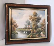 Small Acrylic painting framed, P. Wilson 32cm X 27cm Nature Pond Swans
