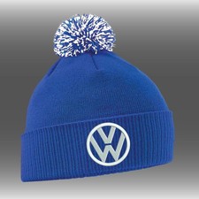 Pom Pom Beanie - Royal/White - with Embroidered VW Logo - Car, Van, Campervan
