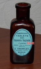 ANTIQUE VICTORIAN TABLETS BOTTLE CASCARA SAGRADA CHARNLEY CHEMIST WILMSLOW LABEL