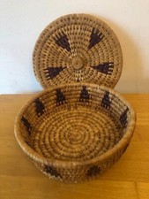 Large Vintage Handcrafted Rattan Woven Basket with Lid. Puple/Green Pattern.