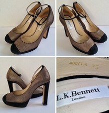 LK Bennett Ladies Size 35 Black Suede + Rose Gold Fabric High Block Heel Shoes