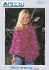 PATONS WHISPER & DIPLOMA GOLD DK GIRLS FUR STRIPED PONCHO KNITTING PATTERN 4-11Y
