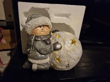 Silver Christmas Decoration - Child & Snowball Flashing Light Ornamental Decs