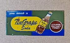 VINTAGE NUGRAPE SODA PORCELAIN ENAMEL METAL SIGN 8" x 3.5"