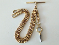 Vintage Pocket Watch Chain Double Albert  T Bar, Dog Clip & Key Gold Plated?
