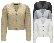 New Ladies Women Cable Knit 3 Buttons Cropped Cardigans Chunky Knitted Crop Top