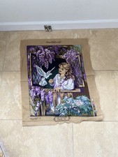 Completed French tapestry Margot Paris,  girl feeding a dove, wisteria 