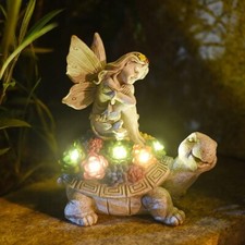Solar Fairy Tortoise Garden Ornament LED Statue Succulent Decor Stone Effect