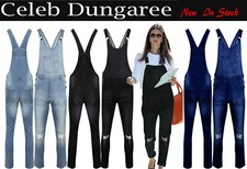 New Women's Ladies Denim Dungarees Slim Fit Ripped Wash Jeans Jumpsuit XS to 4XL