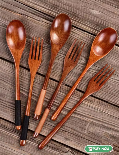 Natural wooden spoon - wooden, fork